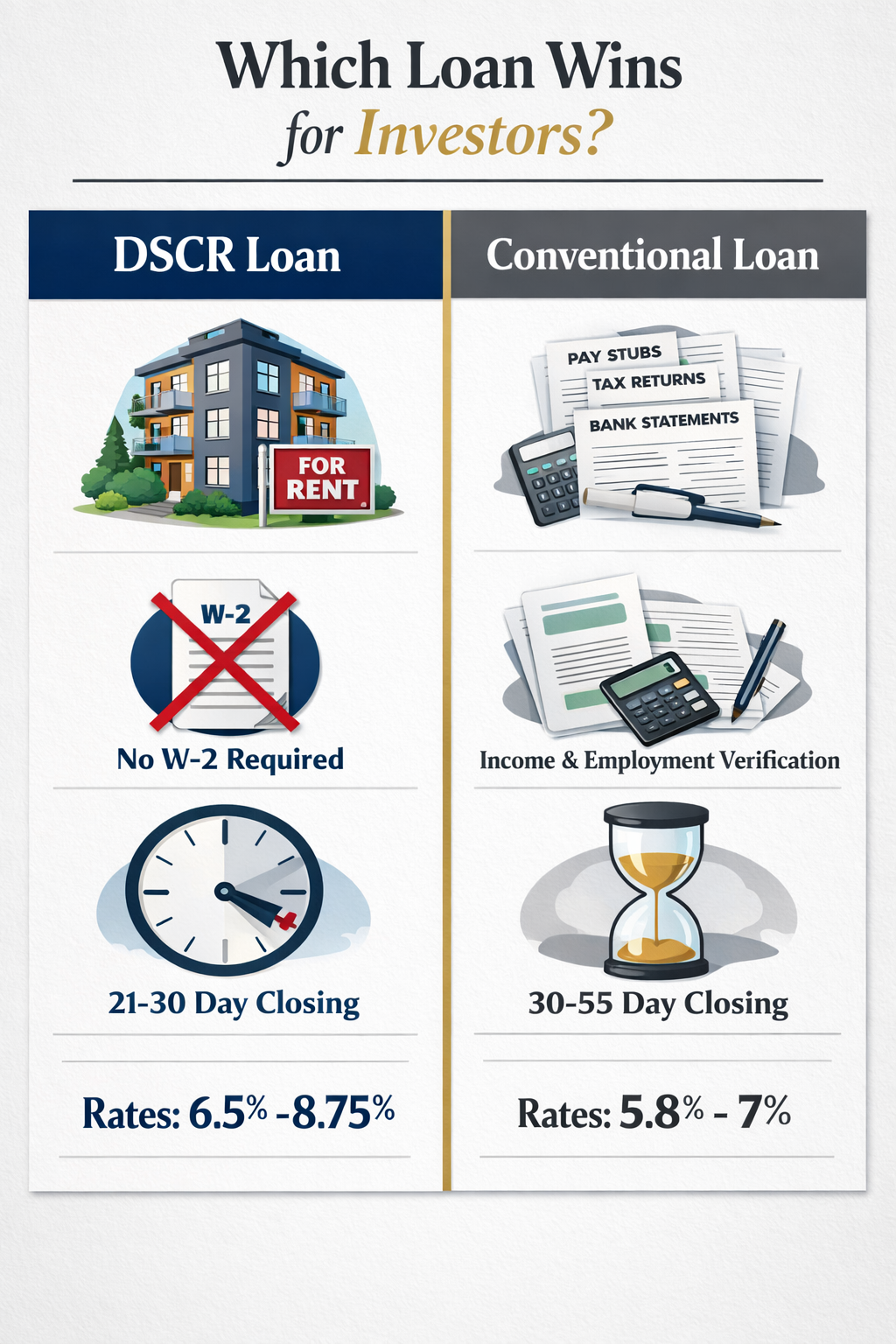 Portrait/Pinterest format () side-by-side comparison visual: DSCR loan versus conventional mortgage loan. Two columns with