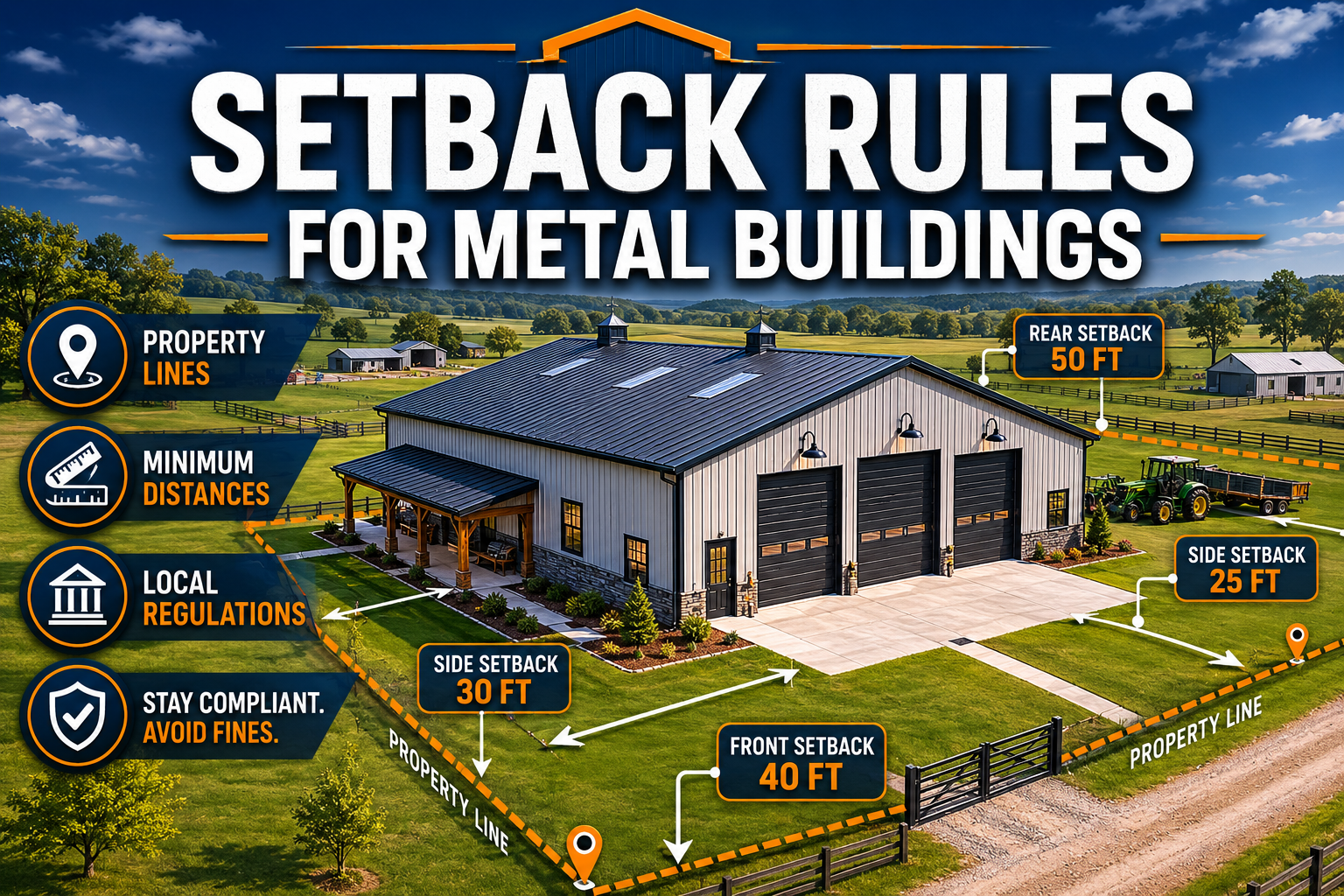 Professional () hero image with : 'Setback Rules for Metal Buildings' in extra large white with dark drop , centered upper