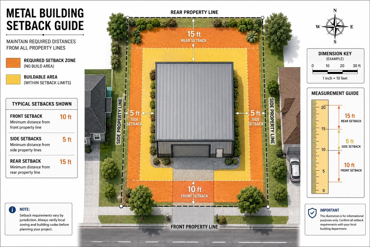 Detailed () infographic-style illustration showing a bird's-eye view site plan diagram of a metal building on a residential