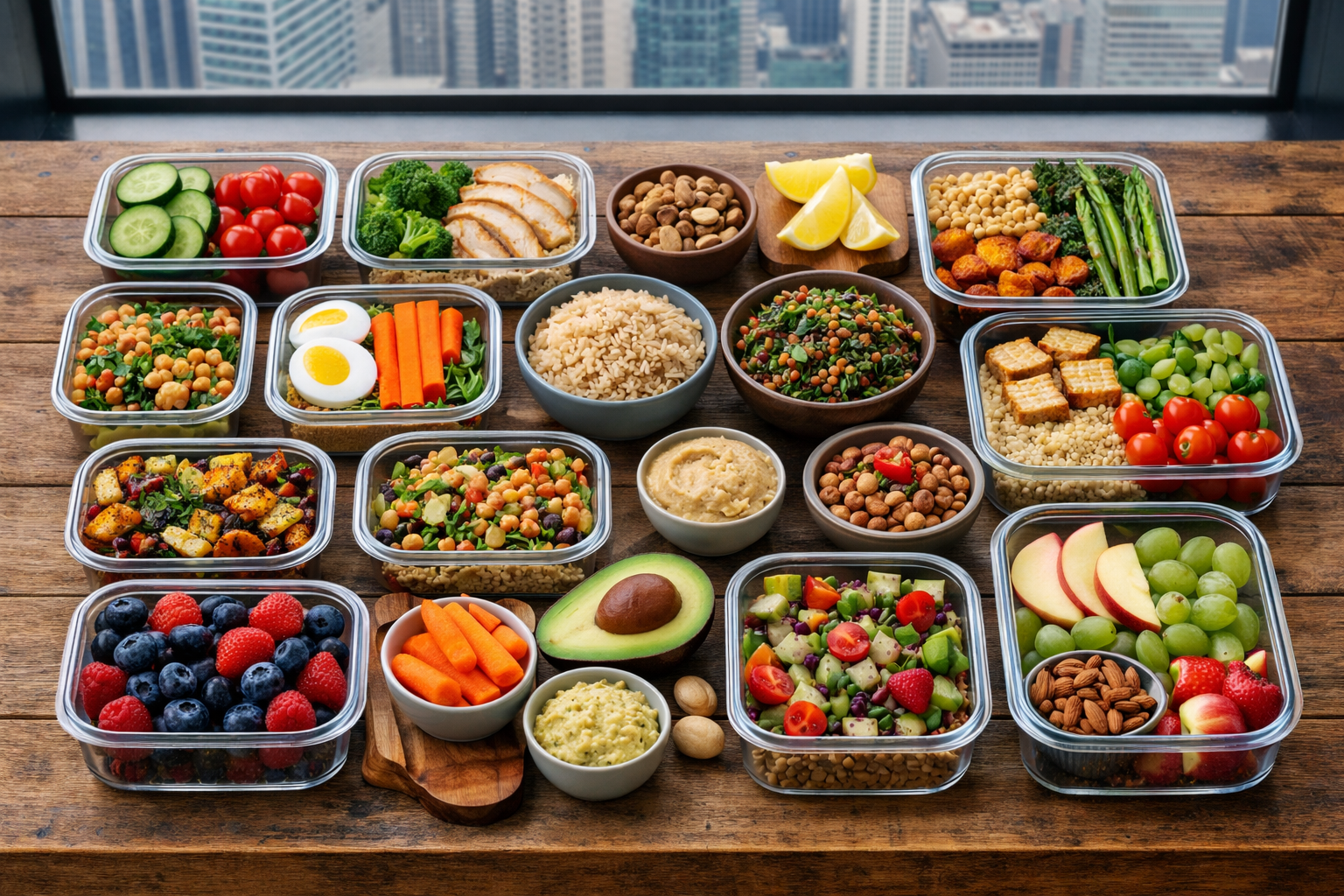 Flat-lay overhead photo of a balanced urban meal prep spread: colorful fresh vegetables, whole grains, legumes, and fruits