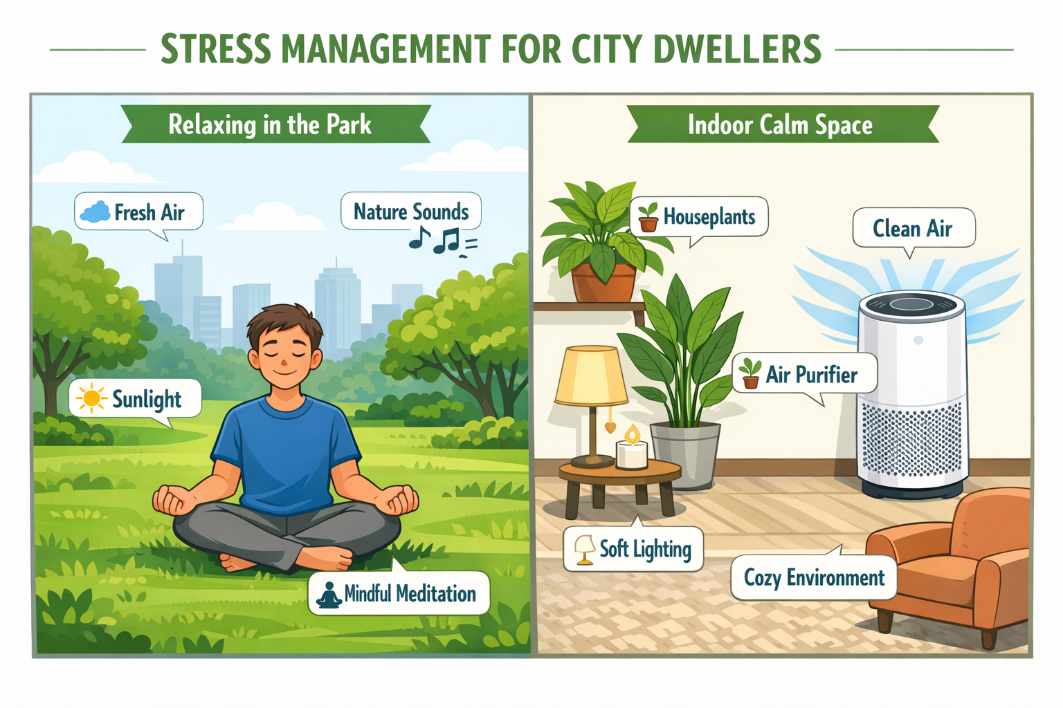 Split-panel visual guide showing stress management techniques for city dwellers: one panel with a person in a green park,