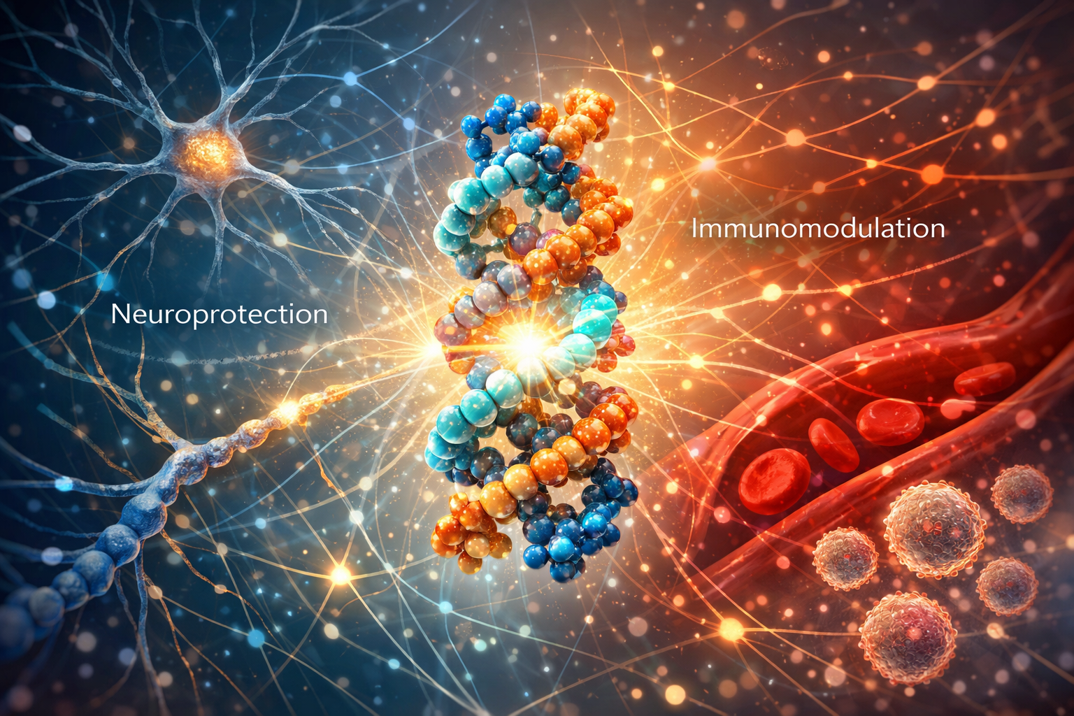 An abstract artistic rendering of the vasoactive intestinal peptide (VIP peptide) molecular structure, interwoven with subtle visual cues re