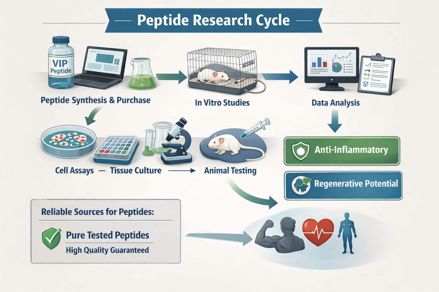 A detailed infographic illustrating a peptide research cycle, starting from initial compound synthesis (representing the process to buy VIP 