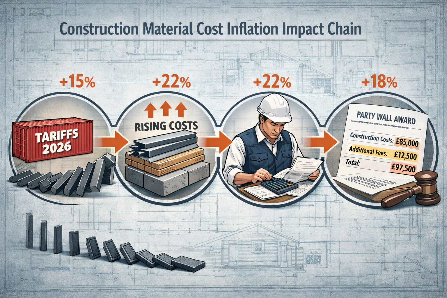 Detailed () conceptual illustration showing construction material cost inflation impact chain. Visual composition features