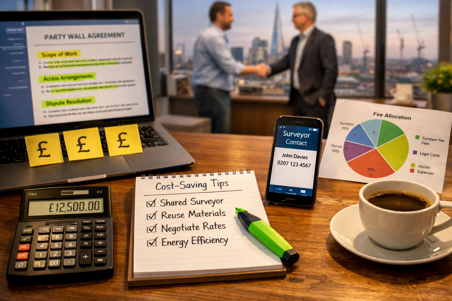 Detailed () practical workspace scene showing cost-mitigation strategy planning session. Foreground features desk with