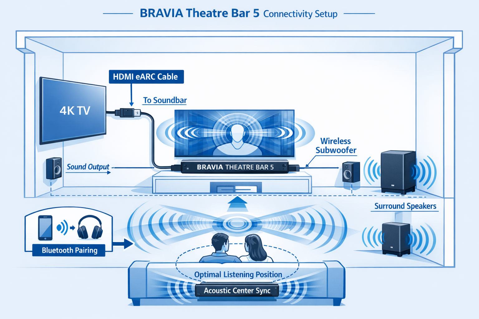 Sony Bravia Theatre Bar 5 Detailed landscape format (1536x1024) technical diagram illustration showing Sony Bravia Theatre Bar 5 connectivity setup in modern home theater environment, HDMI eARC cable connecting soundbar to TV clearly labeled, wireless subwoofer placement indicated with signal waves graphic, Bluetooth pairing icons, acoustic center sync visualization with sound waves emanating from speakers, clean infographic style with blue and white color scheme, annotations and arrows showing signal flow, cross-section view of room layout with optimal speaker positioning marked. Sony Bravia Theatre Bar 5