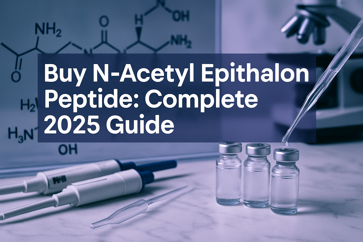 Professional landscape hero image (1536x1024) featuring bold text overlay 'Buy N-Acetyl Epithalon Peptide: Complete 2025 Guide' in extra lar