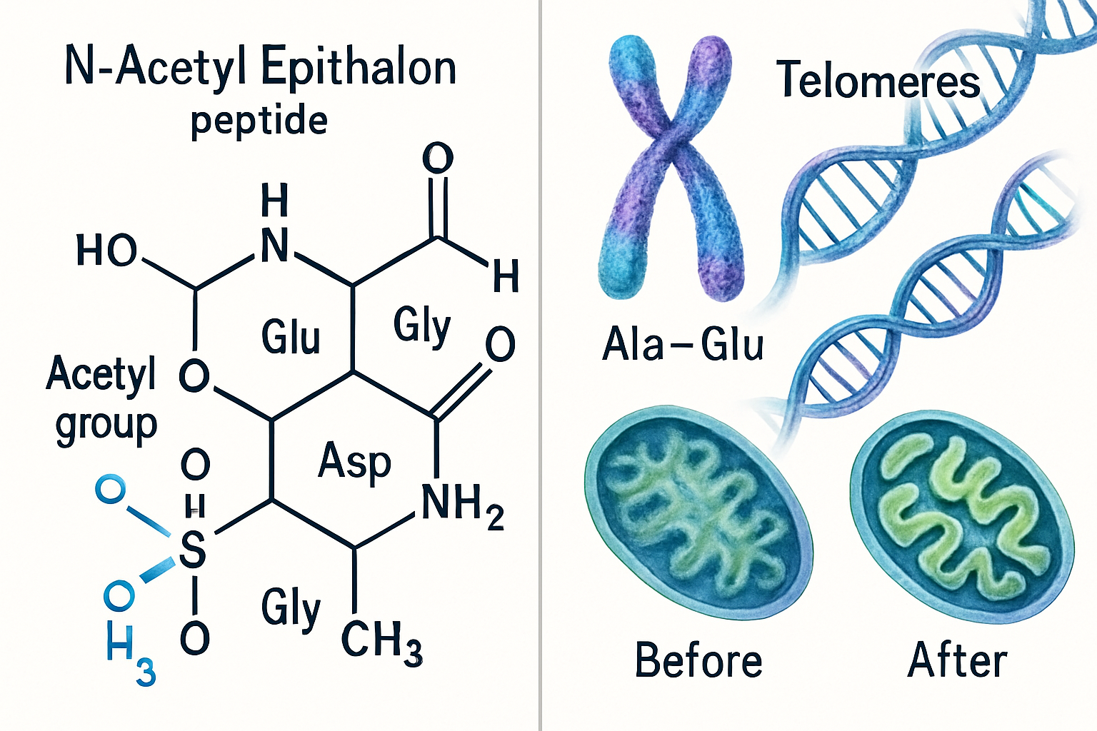 Detailed scientific illustration showing N-Acetyl Epithalon peptide molecular structure with labeled amino acid sequence (Ala-Glu-Asp-Gly) a
