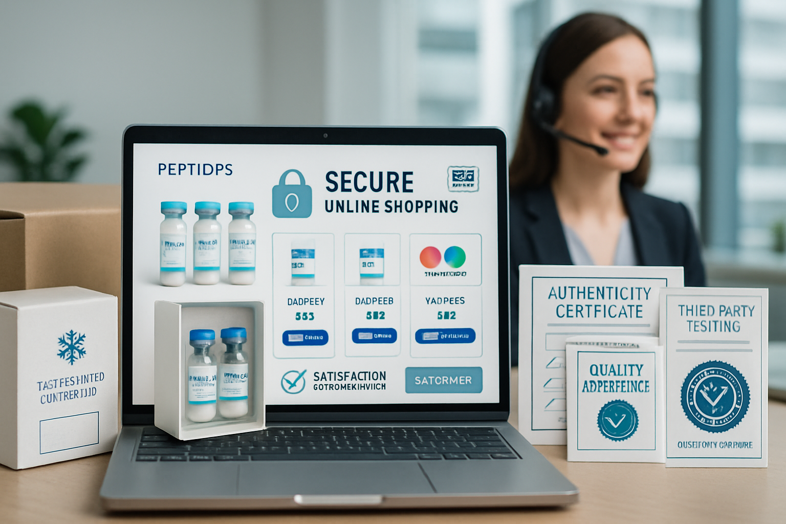 Professional landscape photograph of premium peptide purchasing process showing secure online shopping interface on laptop screen displaying