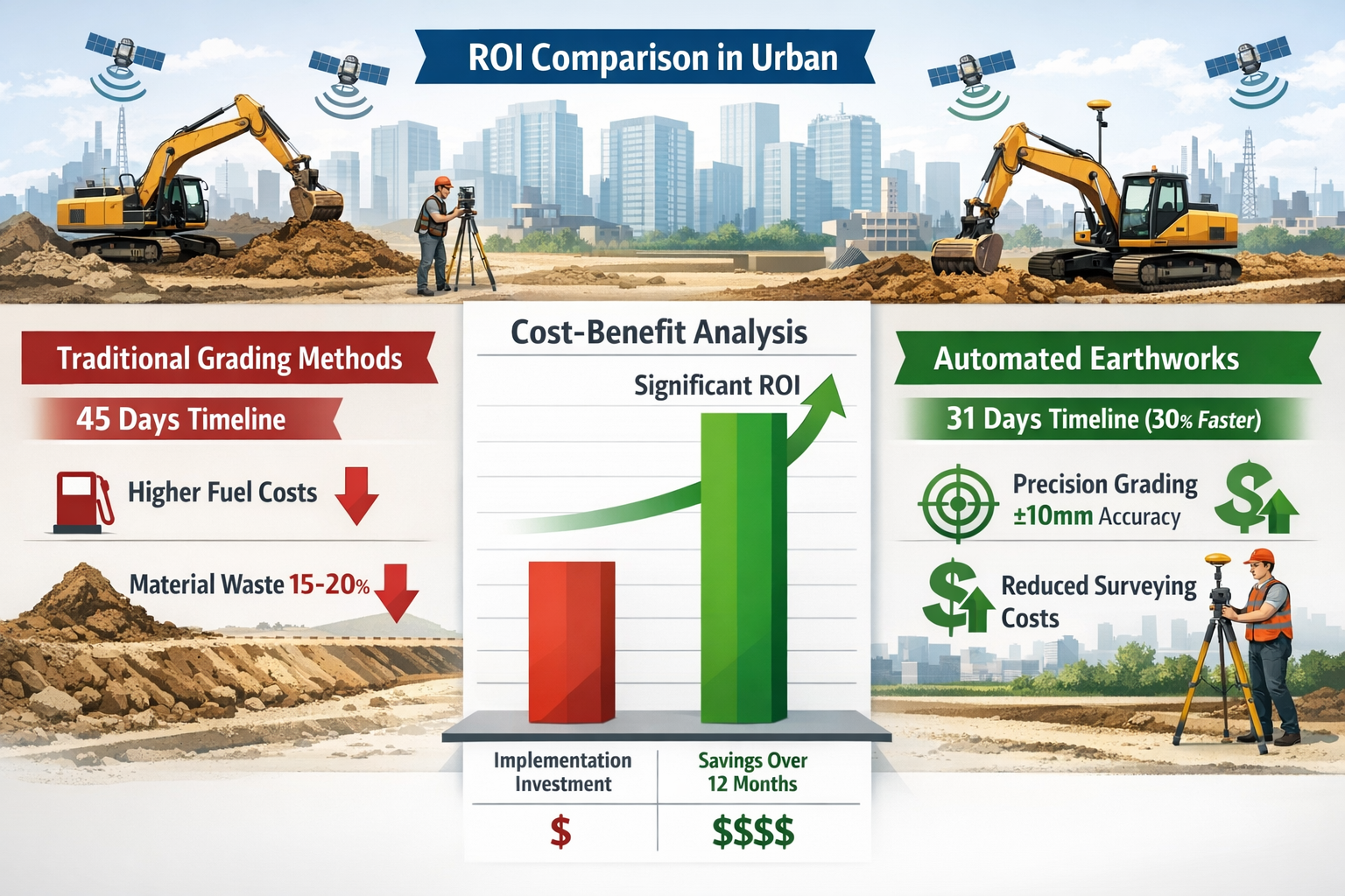Detailed landscape format (1536x1024) infographic showing ROI comparison chart for machine control system adoption in urban construction pro