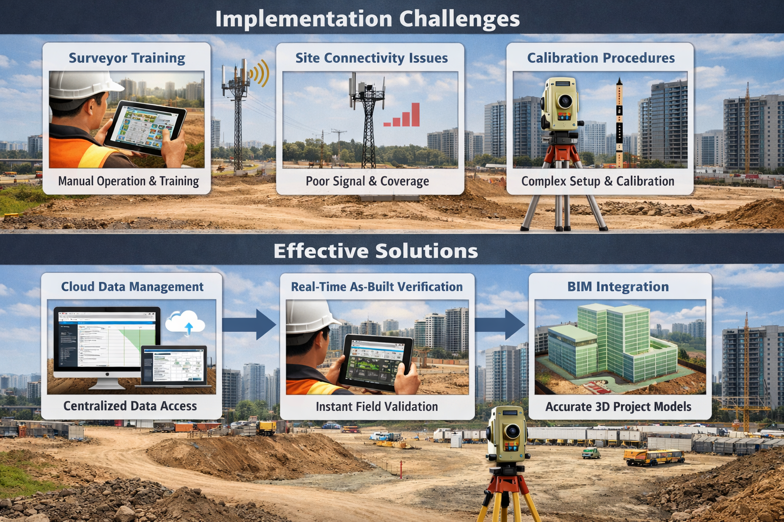 Detailed landscape format (1536x1024) split-screen comparison showing implementation challenges and solutions for machine control systems in