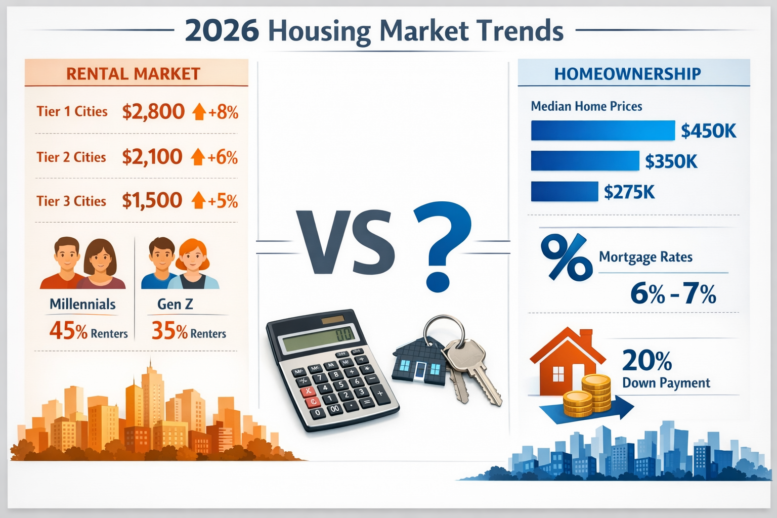Detailed landscape format (1536x1024) infographic showing 2026 housing market trends with split comparison chart. Left panel displays rental