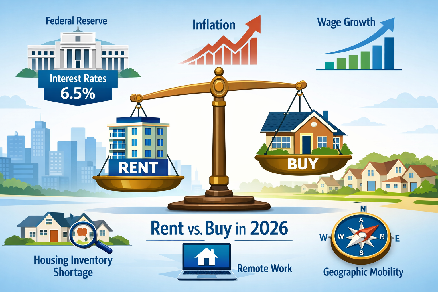 Detailed landscape format (1536x1024) conceptual illustration showing economic factors affecting rent versus buy decision in 2026. Center fe
