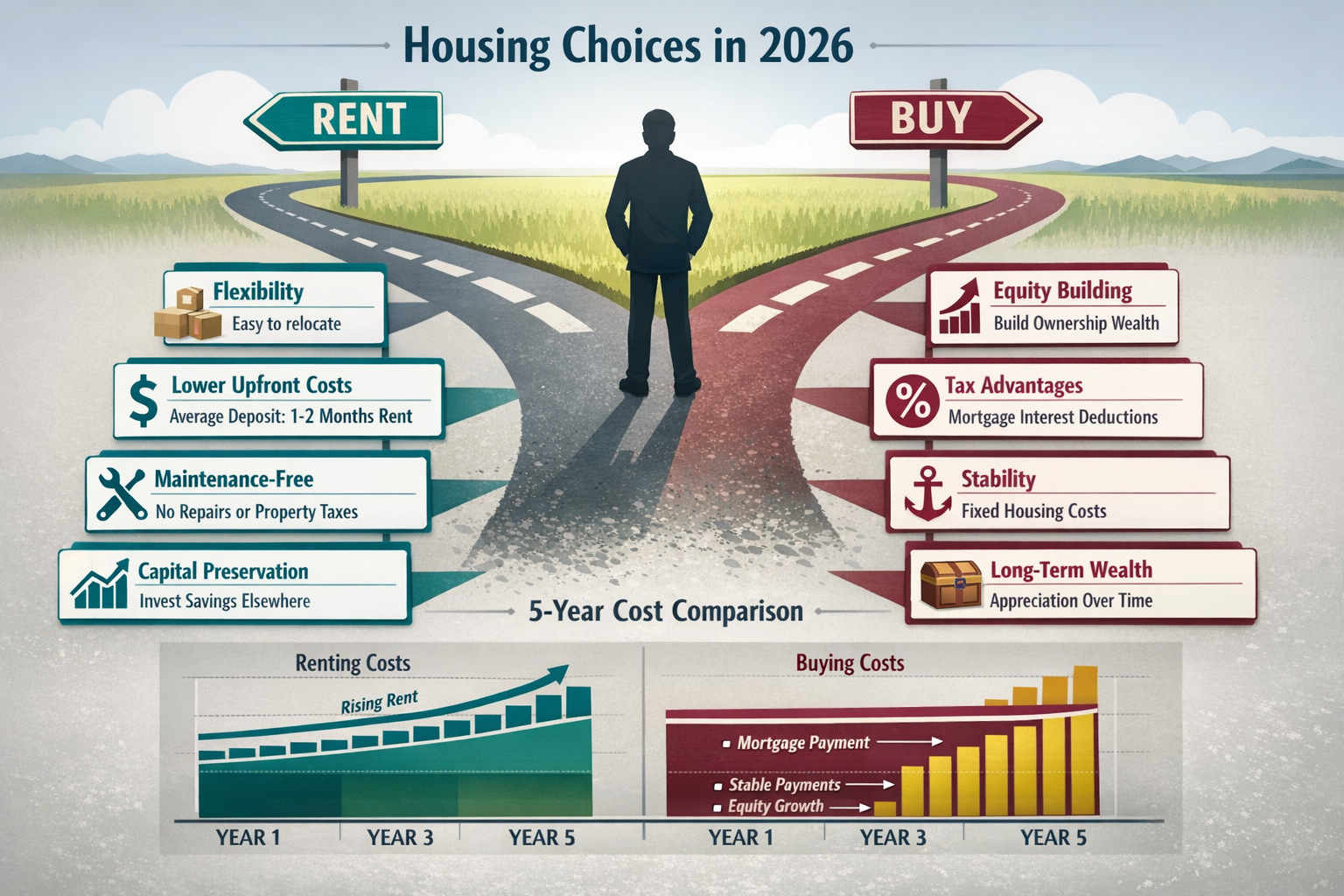 Detailed landscape format (1536x1024) decision-making flowchart visualization for 2026 housing choices. Top center shows person silhouette a