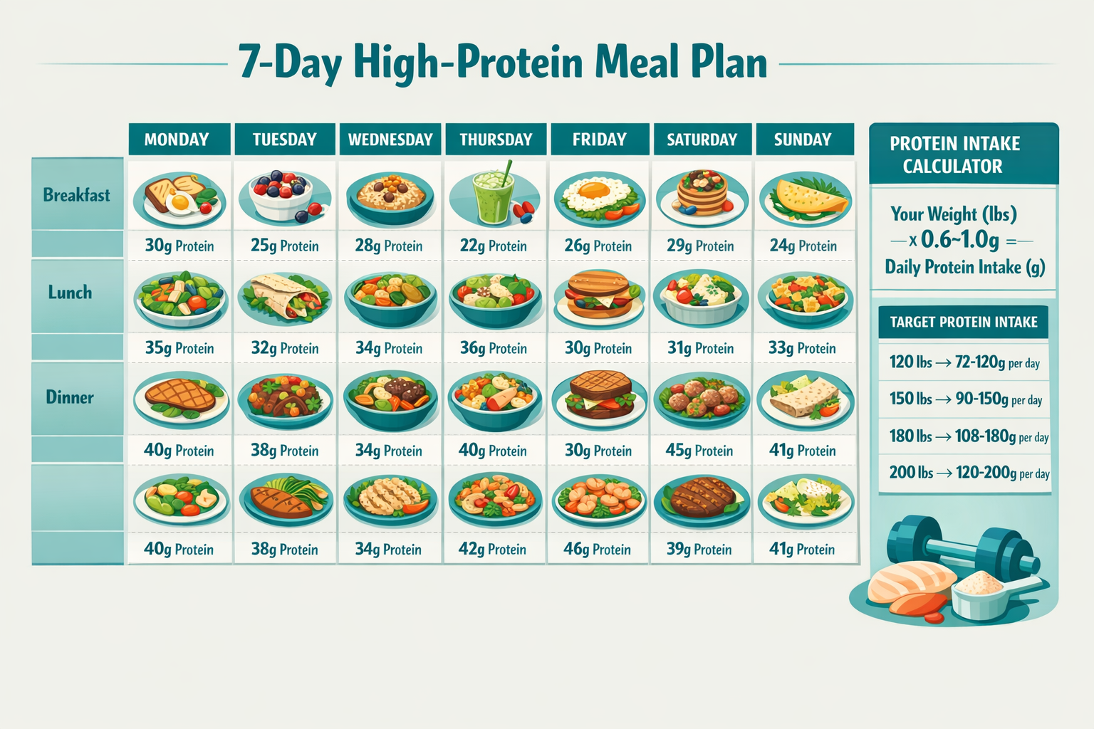 Detailed () meal planning infographic showing a structured 7-day high-protein diet meal plan laid out as a clean weekly