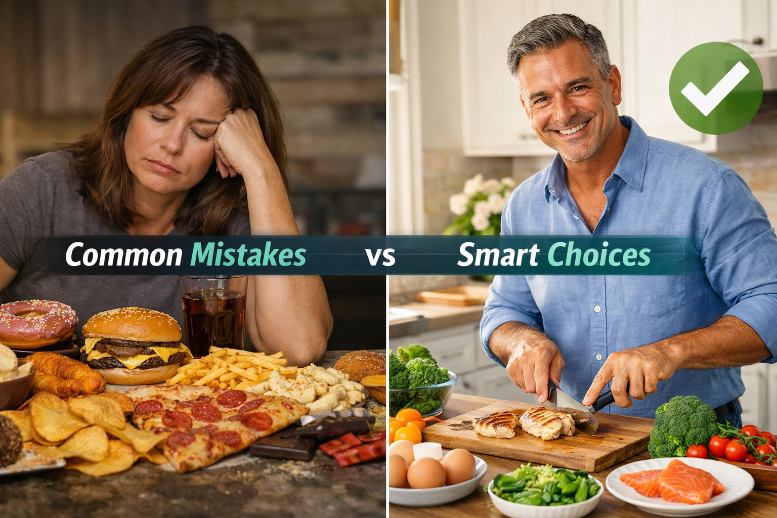 Detailed () split-composition image showing two contrasting scenes: left side shows a person looking fatigued with processed