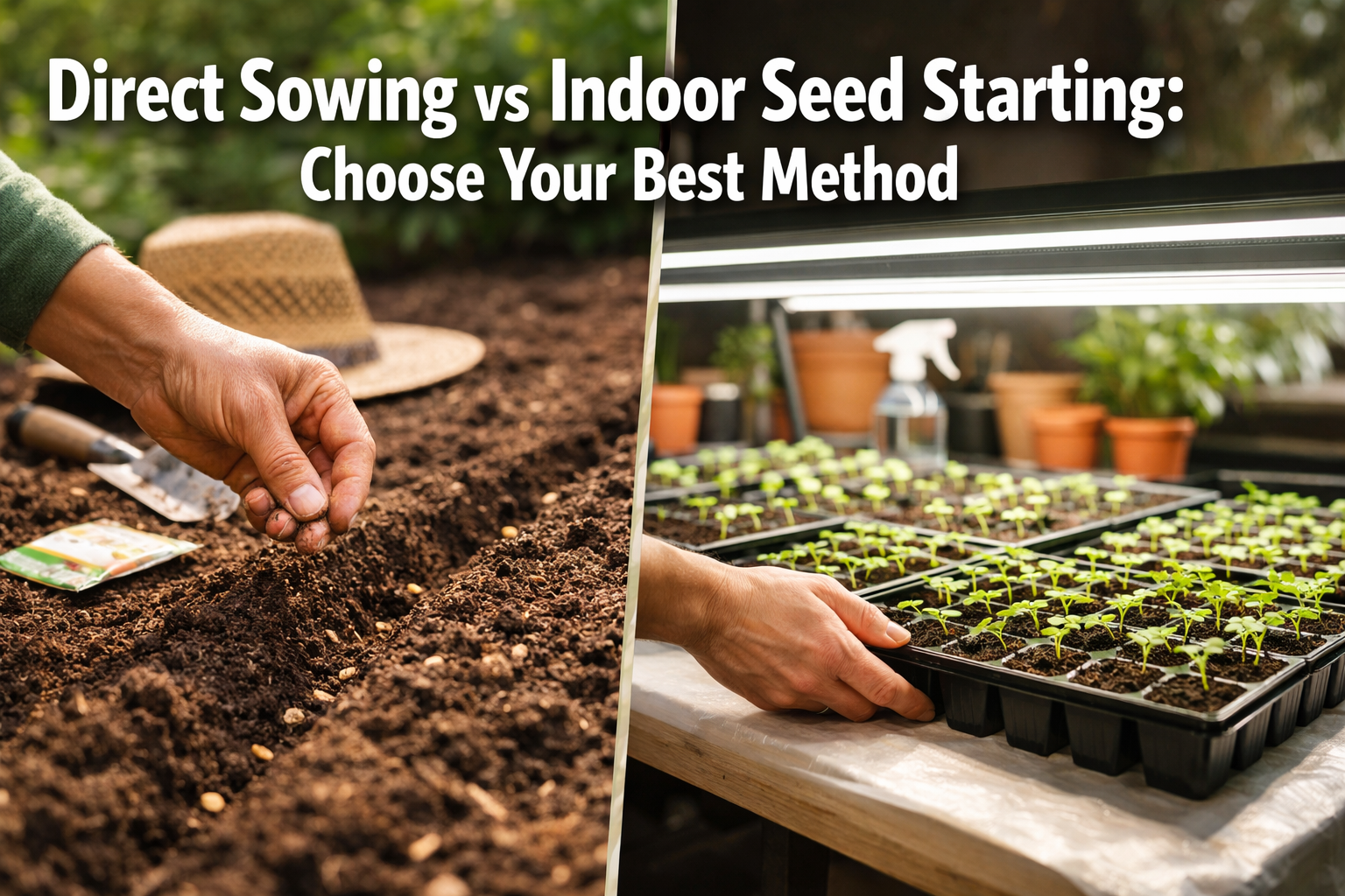 Professional landscape format (1536x1024) hero image featuring bold text overlay 'Direct Sowing vs Indoor Seed Starting: Choose Your Best Me