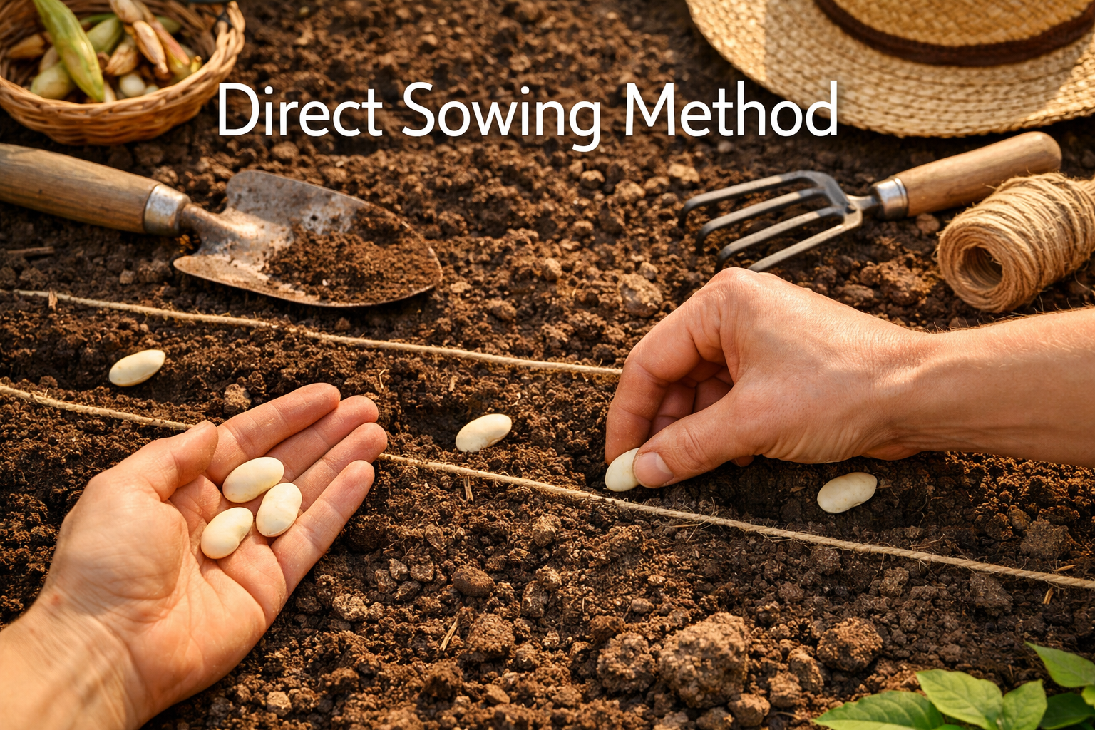 Landscape format (1536x1024) image showing close-up hands planting large bean seeds directly into rich, dark outdoor garden soil with visibl