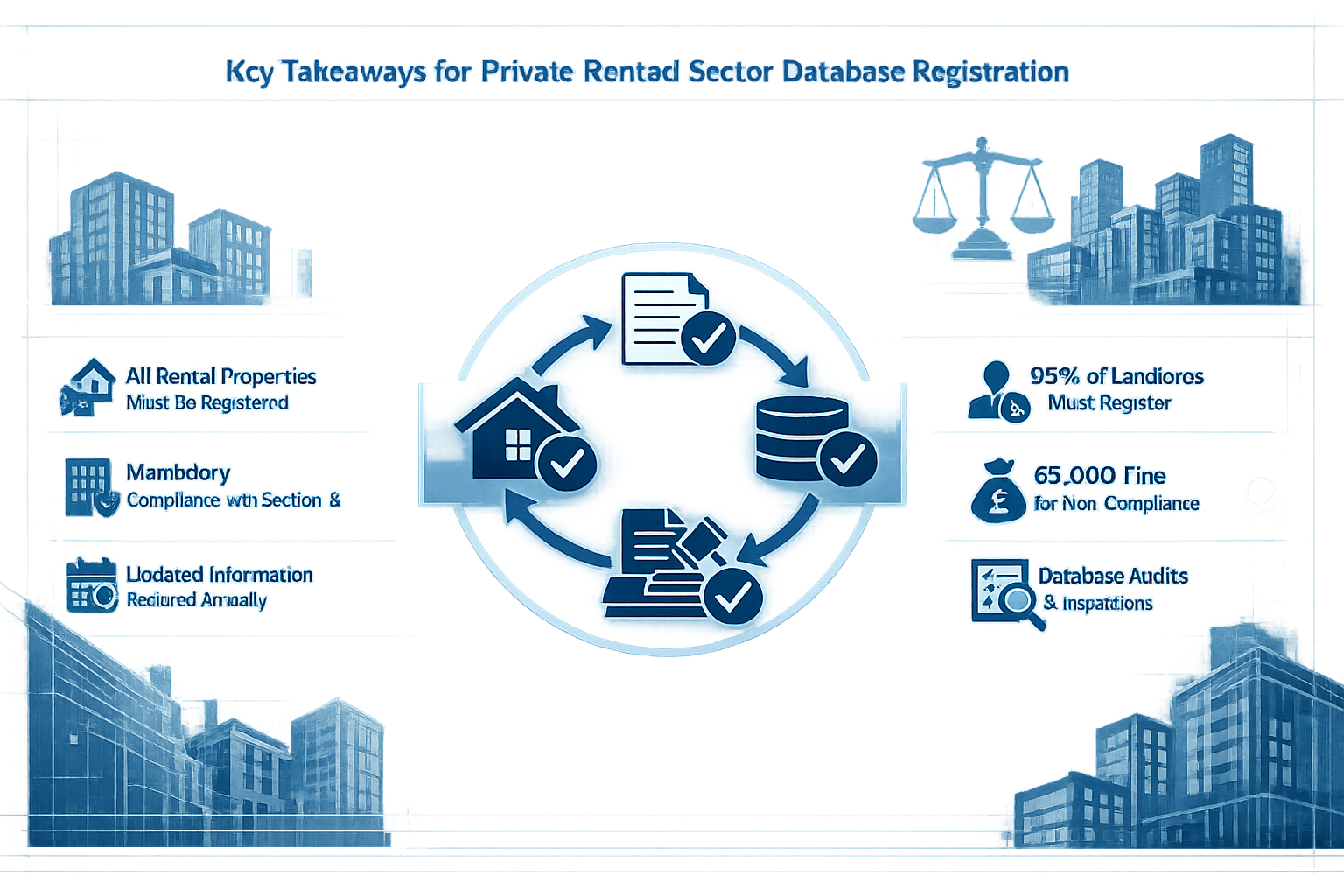 Conceptual infographic illustrating 'Key Takeaways' for Private Rented Sector Database Registration, featuring architectural