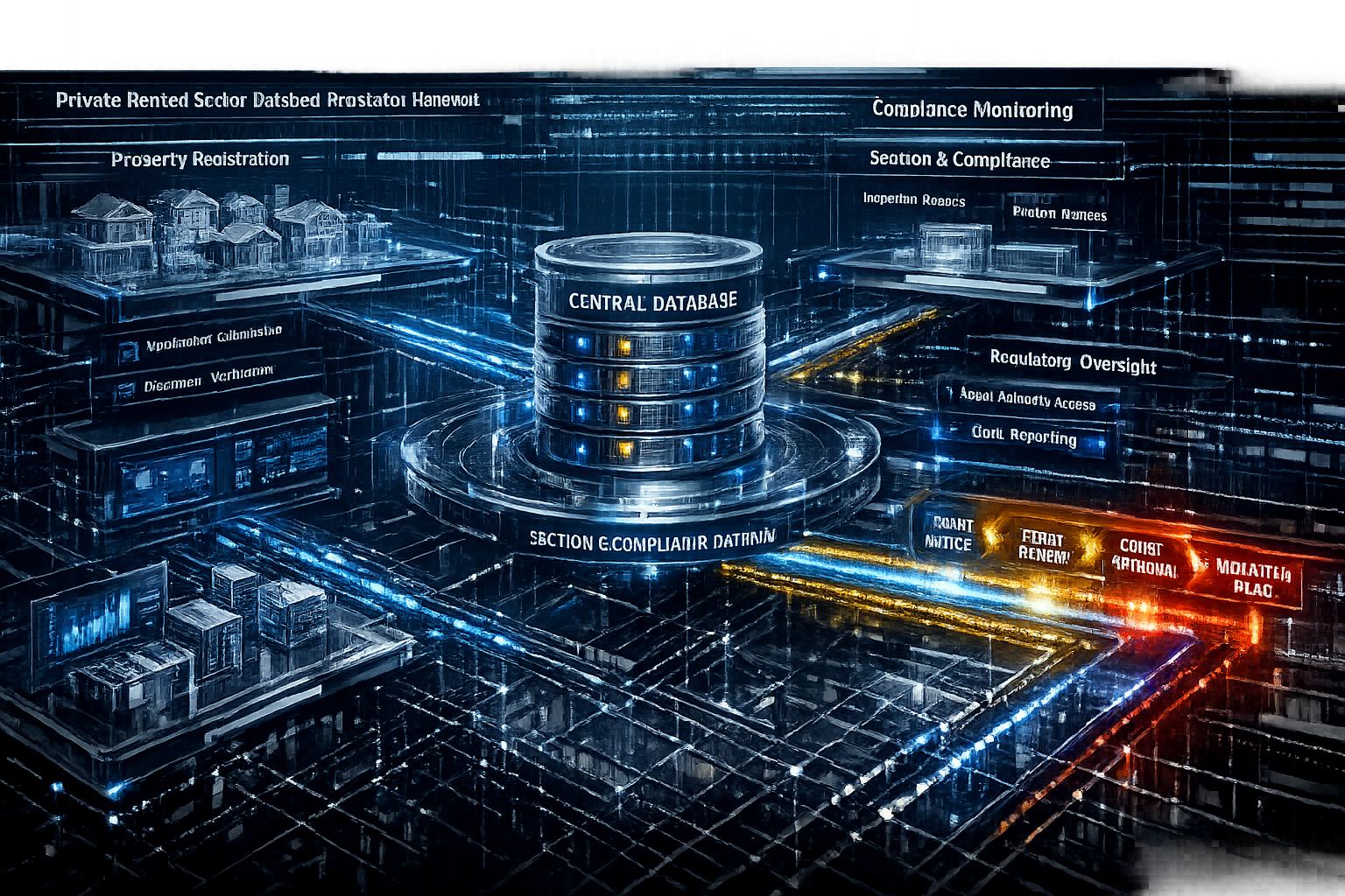Detailed architectural visualization exploring the Private Rented Sector Database Registration Framework, presenting a