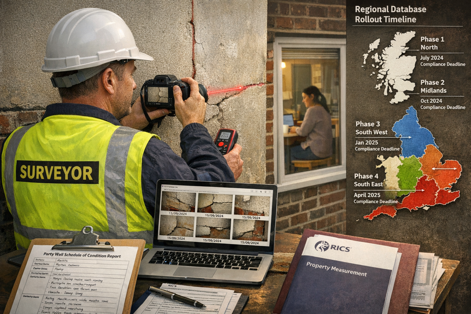 () professional scene showing chartered surveyor in high-visibility vest conducting party wall schedule of condition