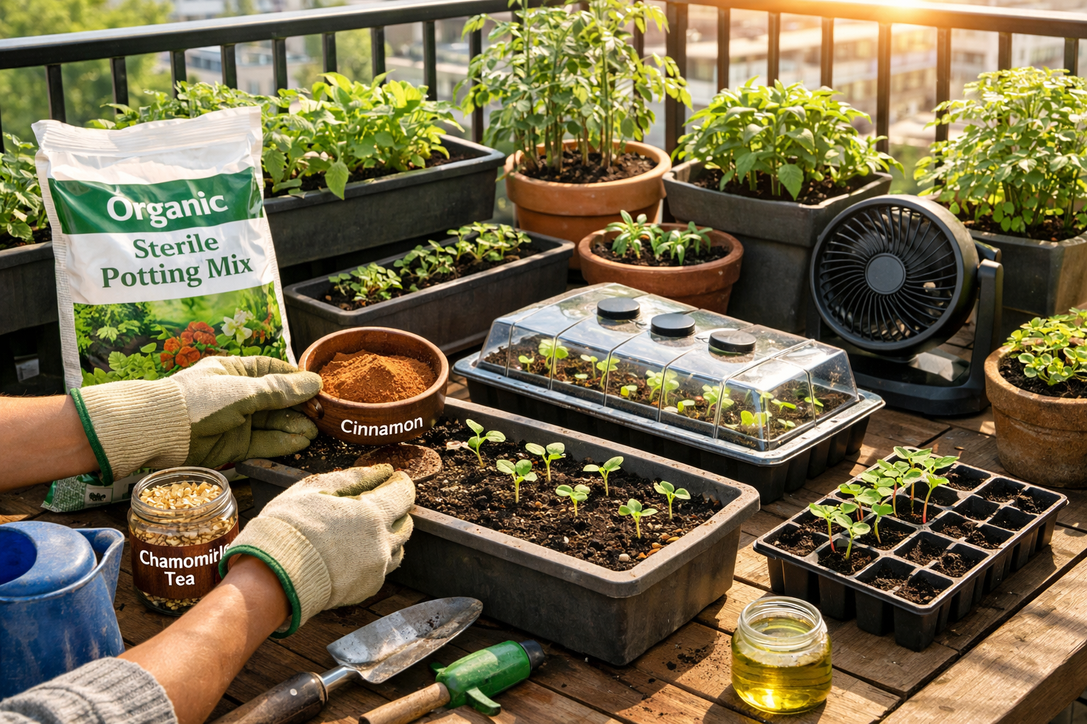 Landscape format (1536x1024) natural prevention methods showcase featuring organic gardening setup on apartment balcony. Multiple containers