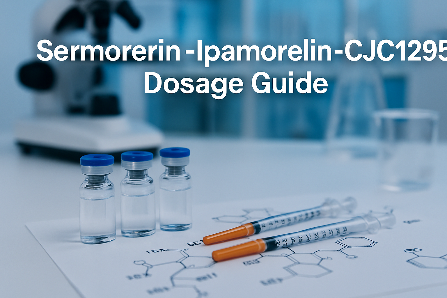 Professional landscape hero image (1536x1024) with bold text overlay 'Sermorelin-Ipamorelin-CJC1295 Dosage Guide' in 72pt white sans-serif f