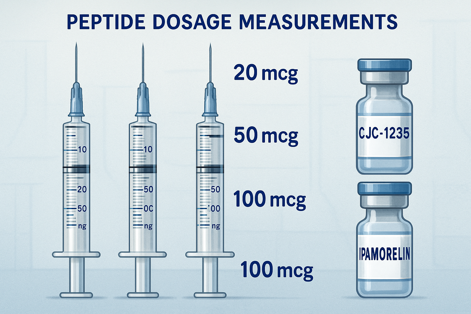 Scientific infographic showing peptide dosage measurement chart with graduated syringes, peptide vials labeled with CJC1295/Ipamorelin/Sermo
