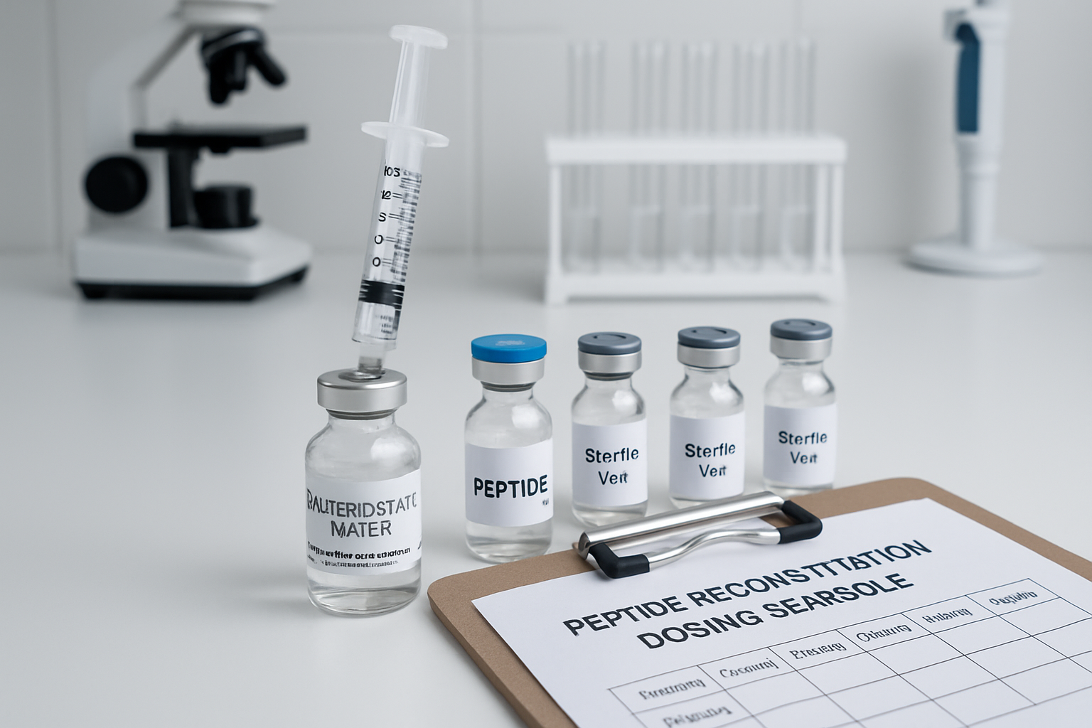 Laboratory research setup showing peptide reconstitution process with bacteriostatic water, sterile vials, measurement tools, dosing schedul