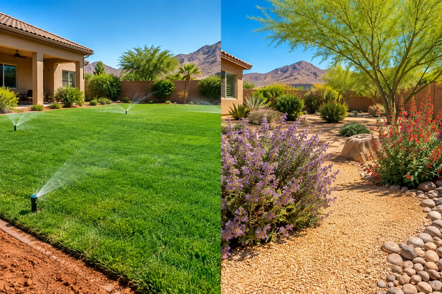 Editorial split-screen hero image , no , purely visual composition: left half shows a lush green Bermuda sod lawn in a