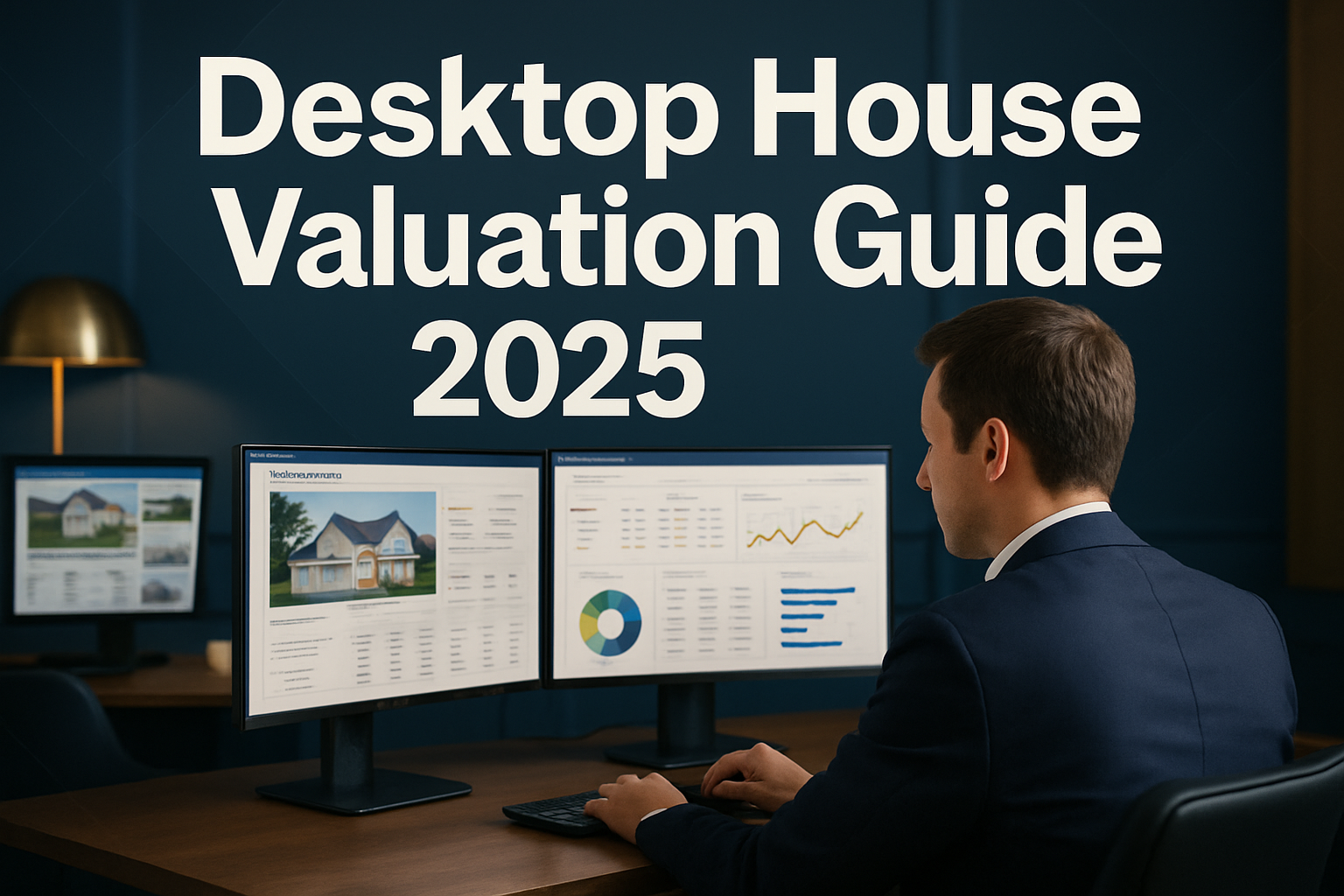 Professional landscape hero image (1536x1024) featuring bold text overlay 'Desktop House Valuation Guide 2025' in extra large 72pt white san