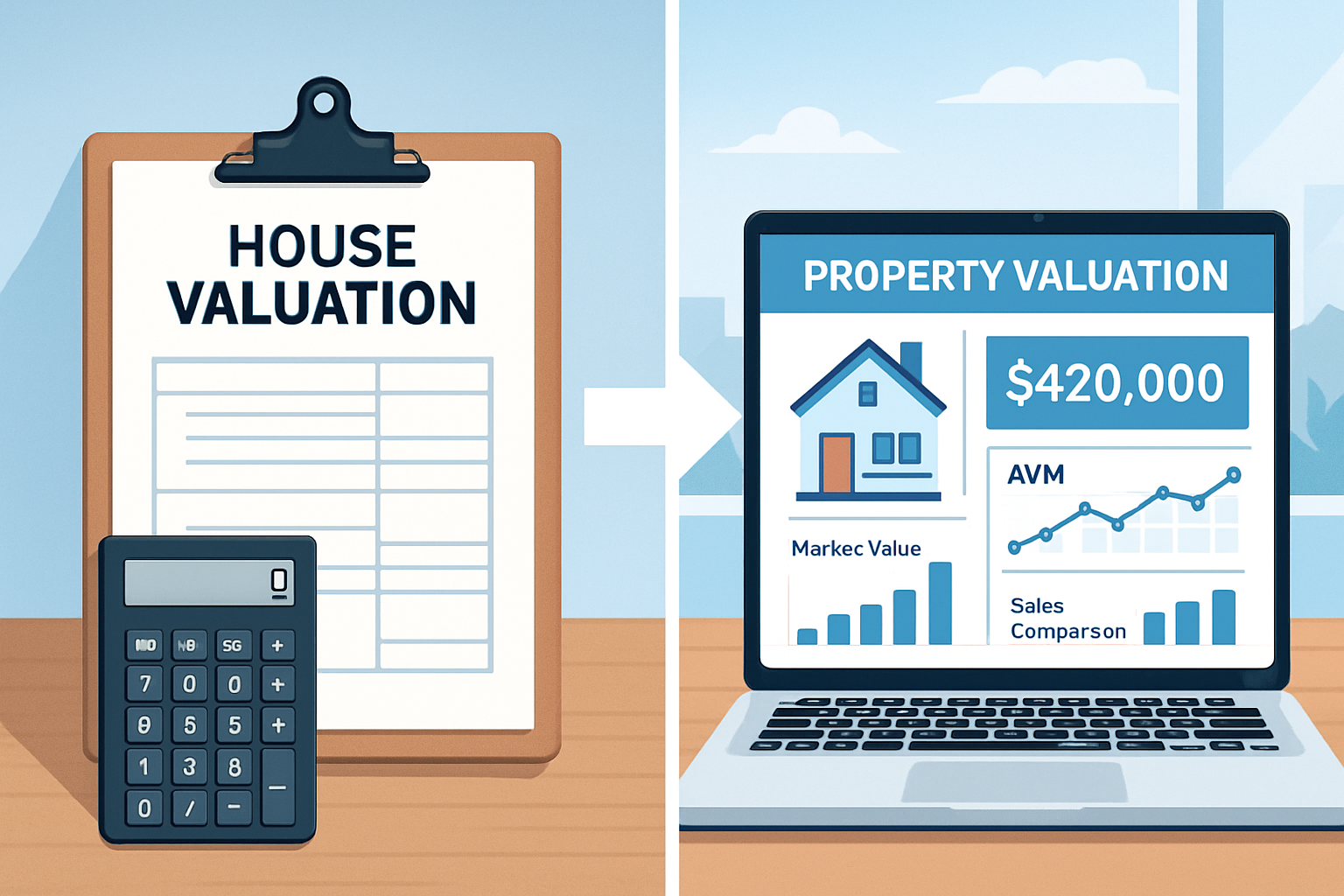 Detailed landscape image (1536x1024) showing split-screen comparison of traditional vs desktop house valuation methods. Left side displays o
