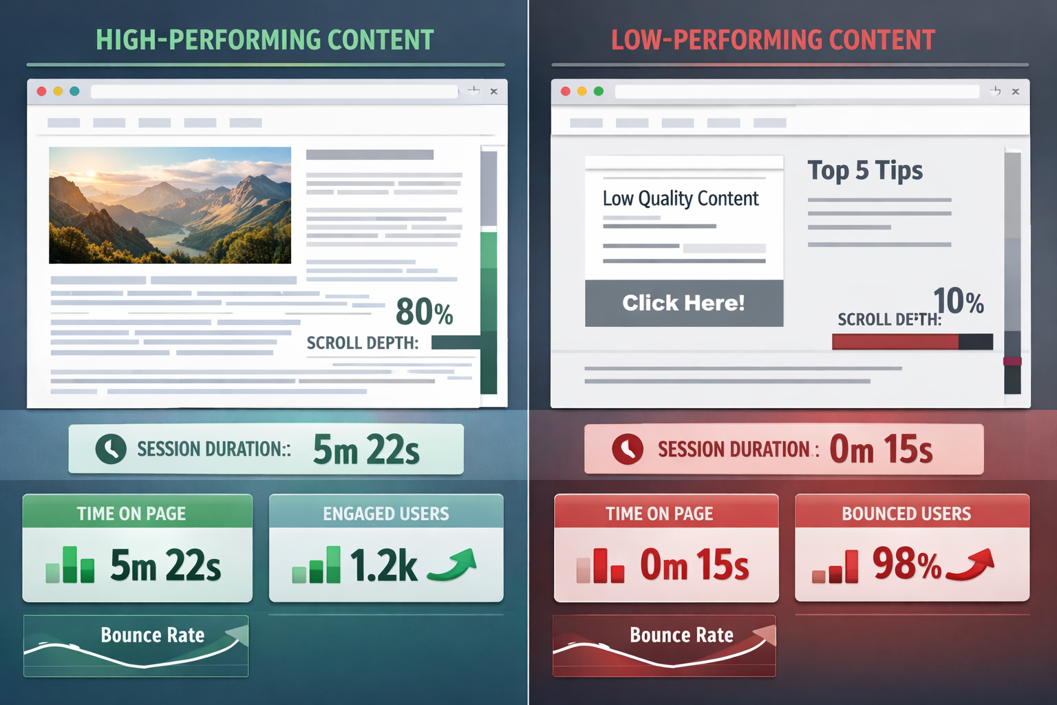 Split-screen comparison visualization showing high-performing versus low-performing web content, left side displays engaged visitor with scr