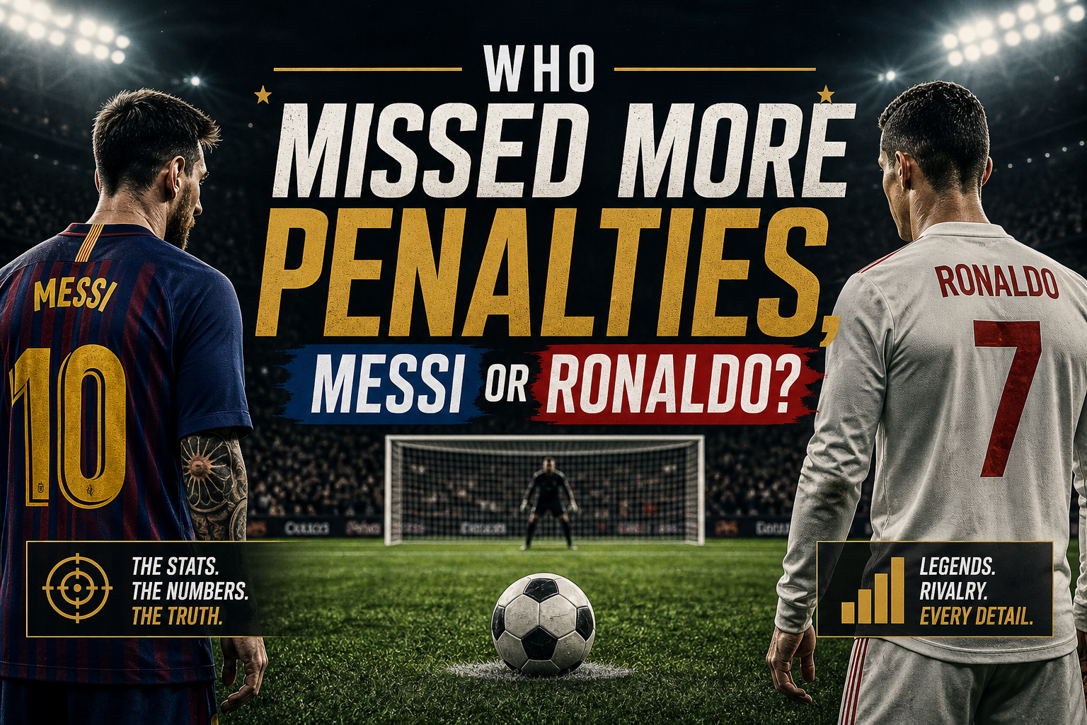"Who Missed More Penalties, Messi or Ronaldo?". Modern design, , , aesthetic. Background imagery relevant to: Who Missed