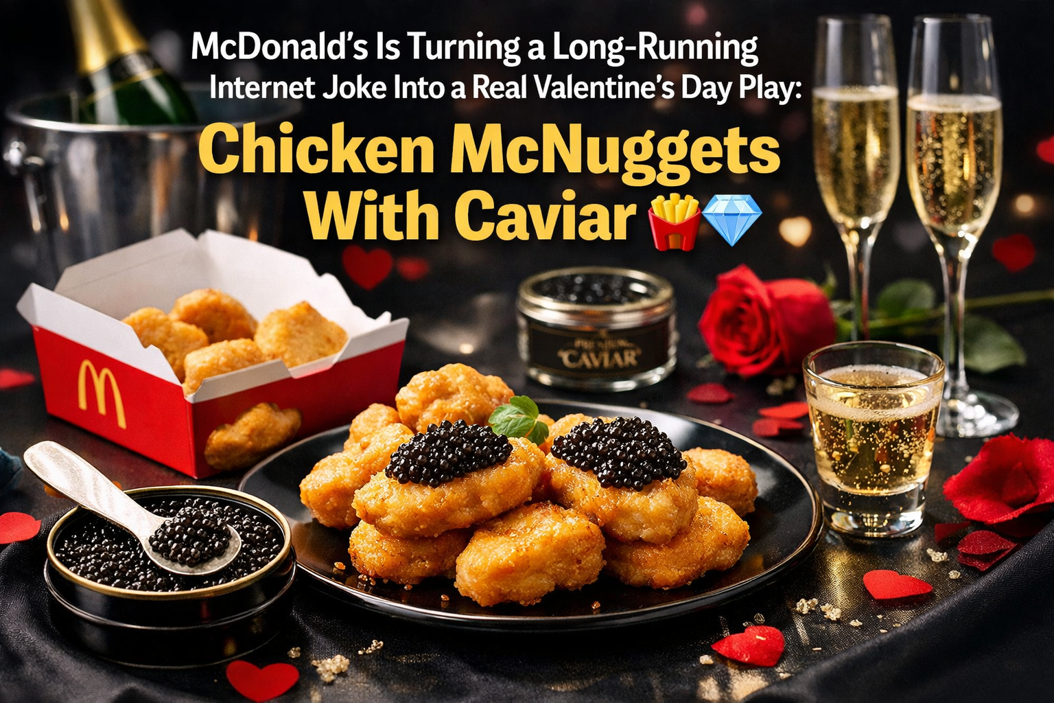 Professional landscape hero image (1536x1024) with bold text overlay: "McDonald's Is Turning a Long-Running Internet Joke Into a Real Valent
