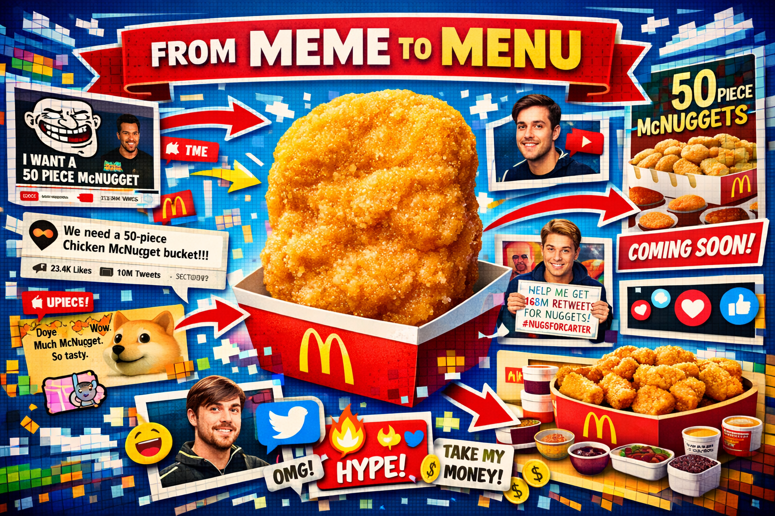 From Meme to Menu section: Dynamic collage illustrating internet culture's evolution, centered on a giant McNugget surrounded by internet me