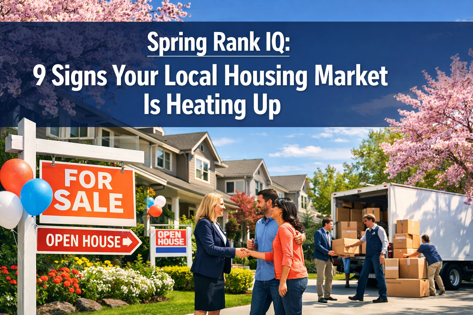 Professional landscape format (1536x1024) hero image featuring bold text overlay 'Spring Rank IQ: 9 Signs Your Local Housing Market Is Heati