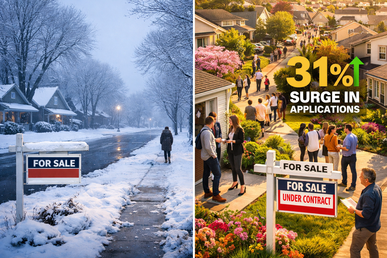 Detailed landscape format (1536x1024) showing split-screen comparison of quiet winter street versus bustling spring market activity with mul