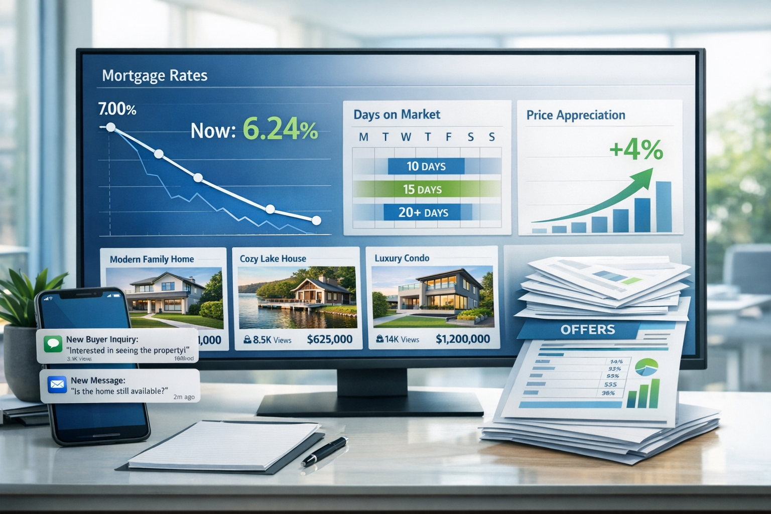 Professional landscape format (1536x1024) featuring modern real estate dashboard on large monitor displaying declining mortgage rate graph f