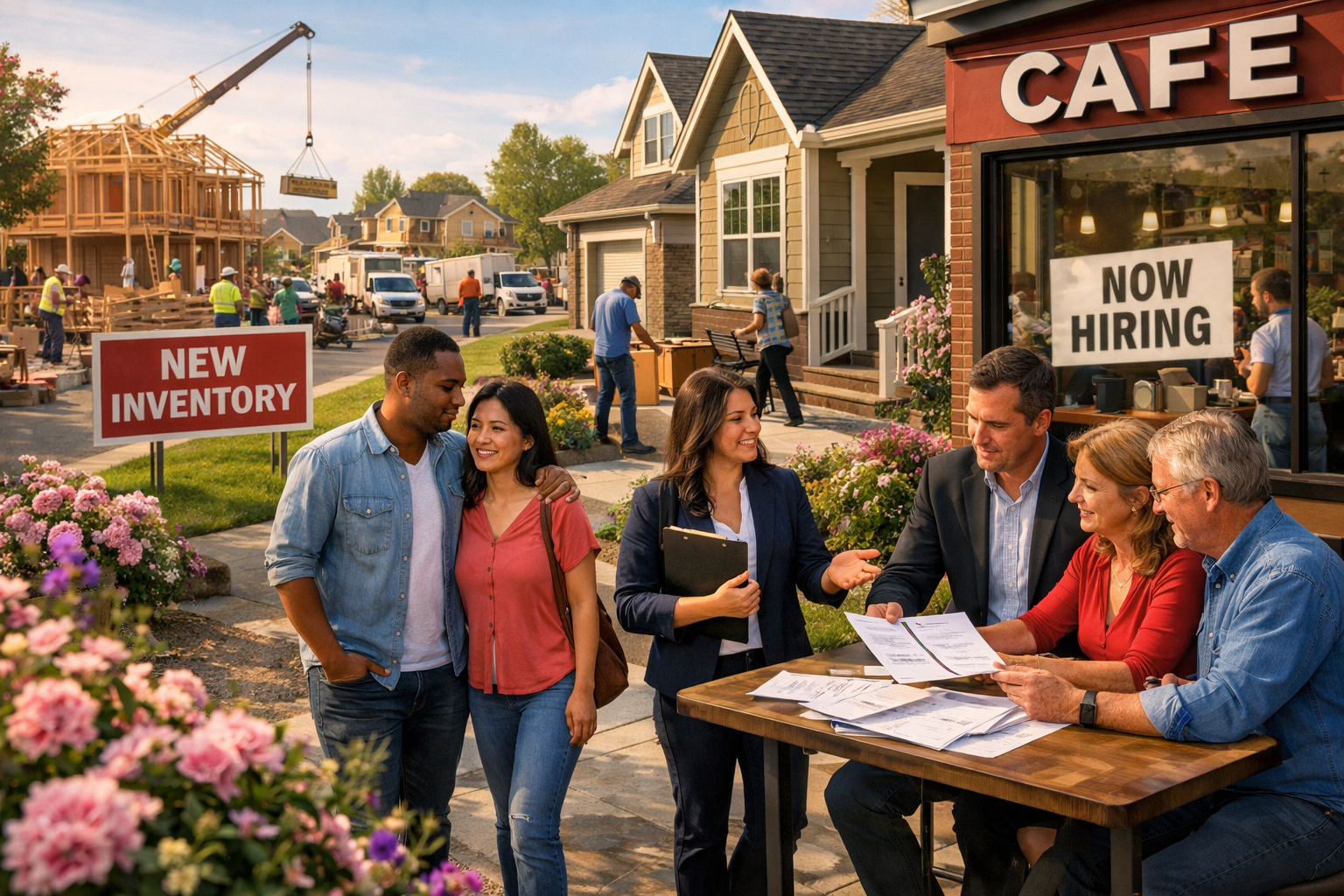 Detailed landscape format (1536x1024) showing thriving neighborhood transformation with new construction sites, builders adding homes, 'New 