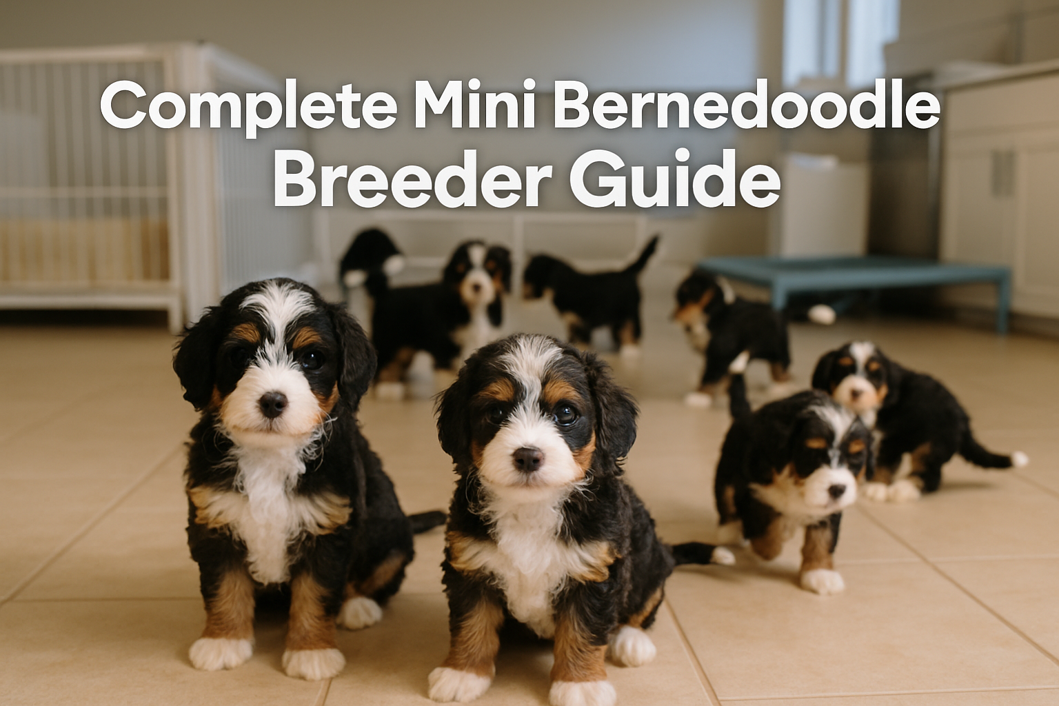 Professional landscape hero image (1536x1024) featuring adorable mini bernedoodle puppies in a clean, modern breeding facility with bold tex