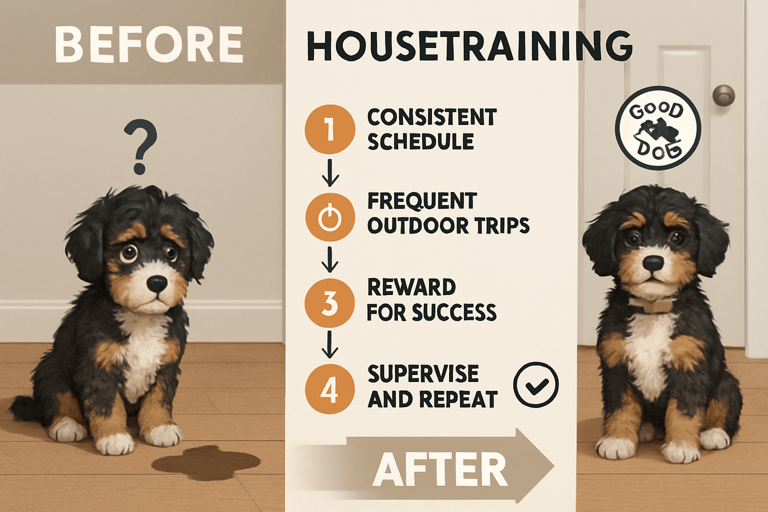 Split-screen comparison image showing 'before and after' housebreaking success - left side shows confused mini bernedoodle puppy with accide