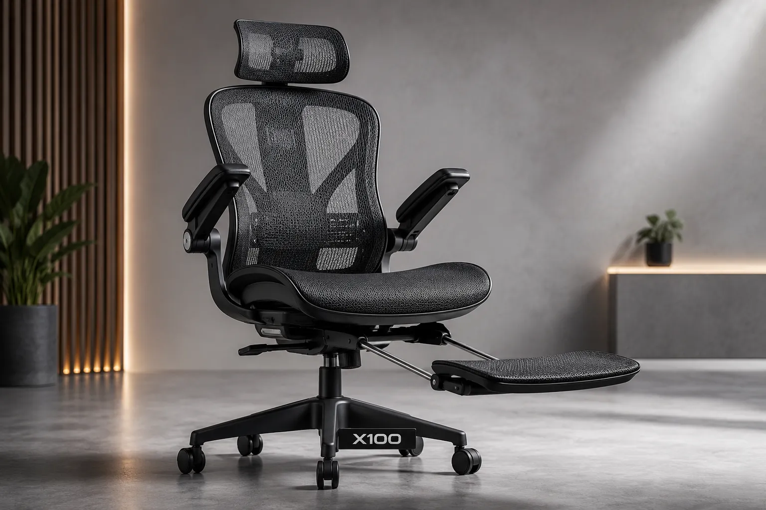 Professional product showcase of the X100 Ergonomic Mesh Office Chair with Footrest — front three-quarter view highlighting the 3D mesh backrest, flip-up armrests, and extended footrest in a clean studio setting with the 'X100' label prominently visible on the chair base X100 Ergonomic Mesh Office Chair with Footrest, Full Review