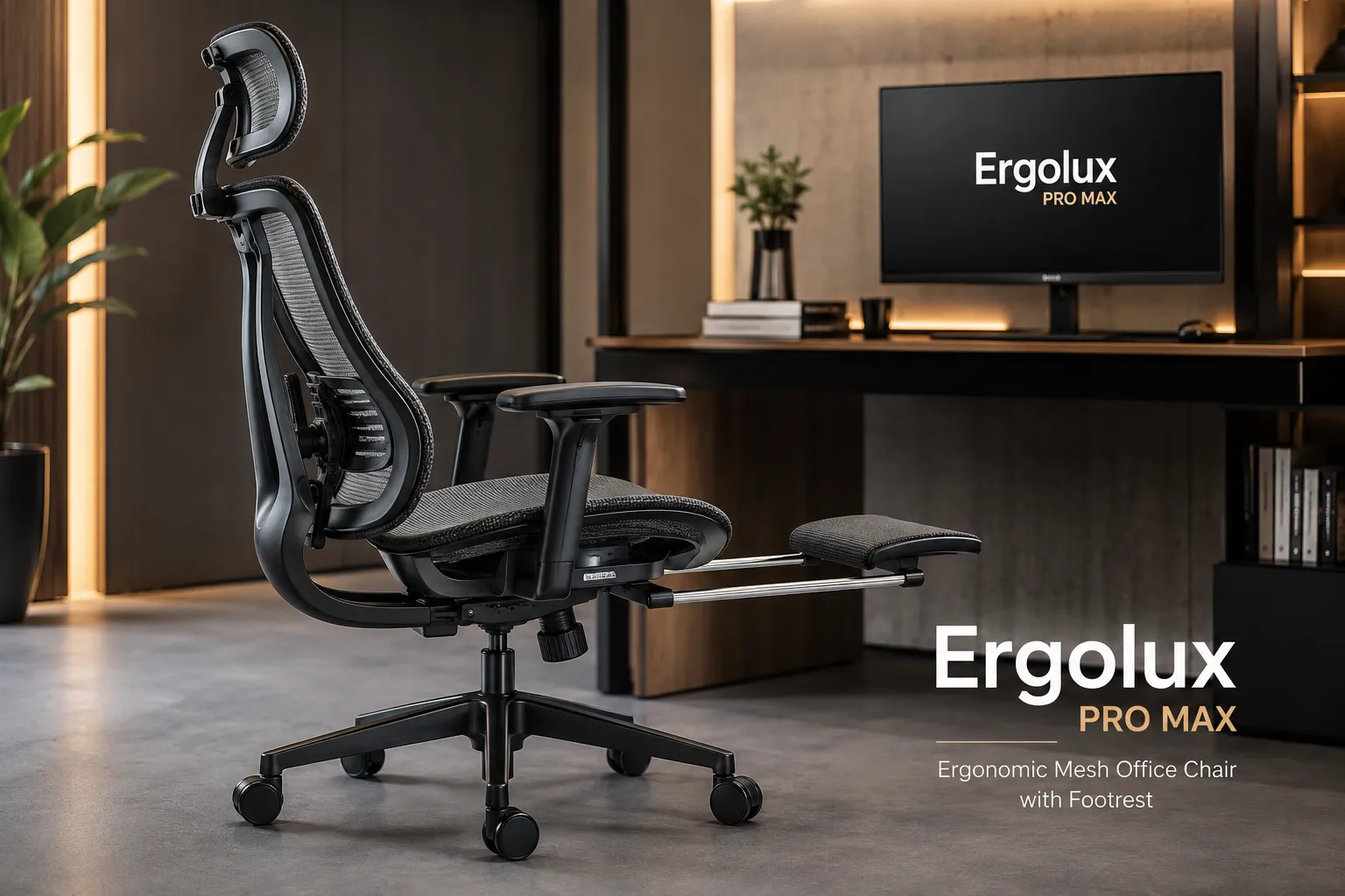 Professional product showcase of the Ergolux Pro Max Ergonomic Mesh Office Chair with Footrest — side profile angle emphasizing the lumbar support curve, headrest, and deployed footrest in a modern office environment with 'Ergolux Pro Max' branding visible Ergolux Pro Max Ergonomic Mesh Office Chair with Footrest, Full Review