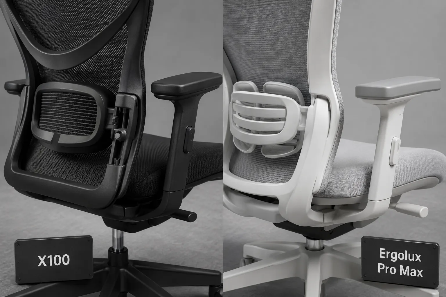 Close-up comparison detail shot showing both chairs' lumbar support and armrest mechanisms side by side on a neutral grey surface, with product name tags 'X100' and 'Ergolux Pro Max' placed beside each respective chair component Buying Guide: What to Consider Before Choosing Either Chair