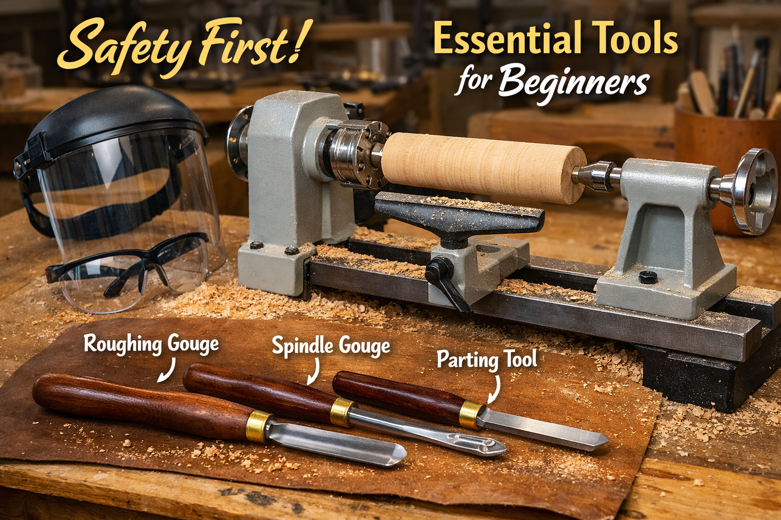 A detailed landscape image (1536x1024) showcasing a beginner's wood lathe setup, emphasizing safety gear like safety glasses and a face shie