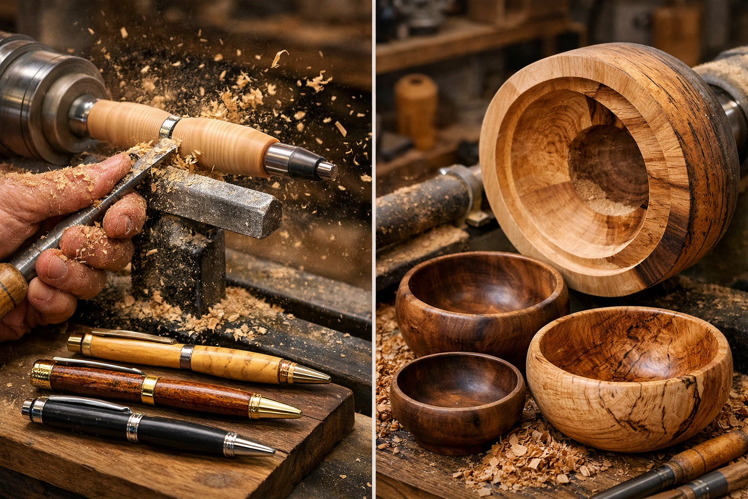 A landscape image (1536x1024) depicting the process of turning a wooden pen and a small bowl. One side of the image shows a pen blank being