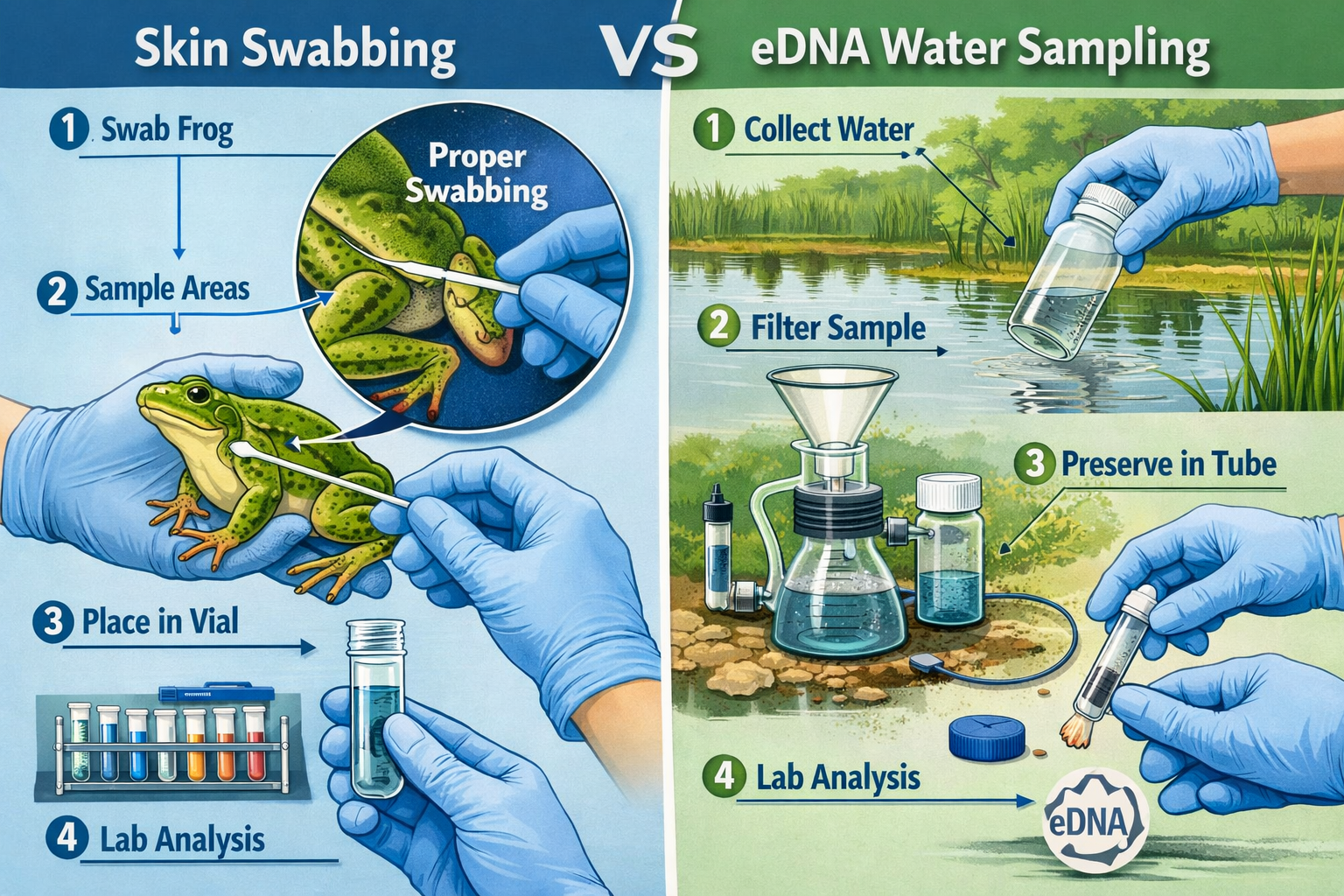 () detailed illustration showing split-screen comparison of two detection methods: left side displays gloved hand holding