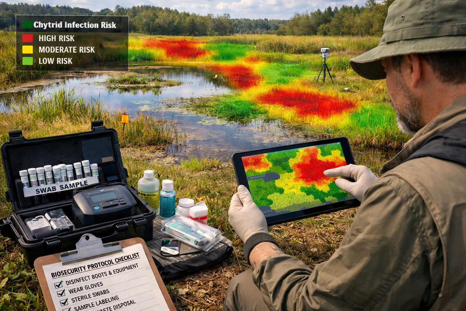 () wetland habitat assessment scene showing ecologist with tablet using risk mapping software overlaid with color-coded heat