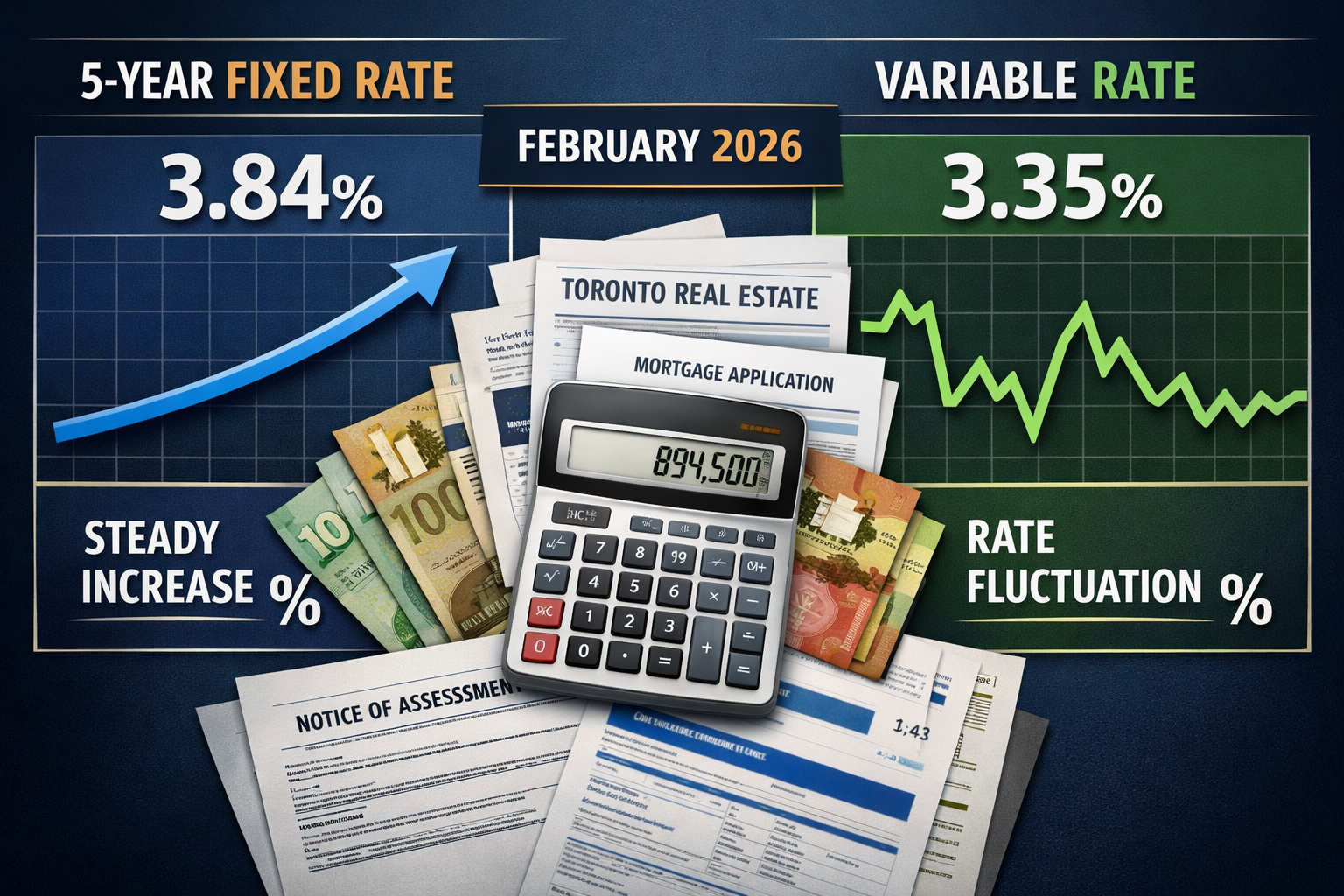 Landscape format (1536x1024) editorial image showing side-by-side comparison of fixed versus variable mortgage rate trends for self-employed